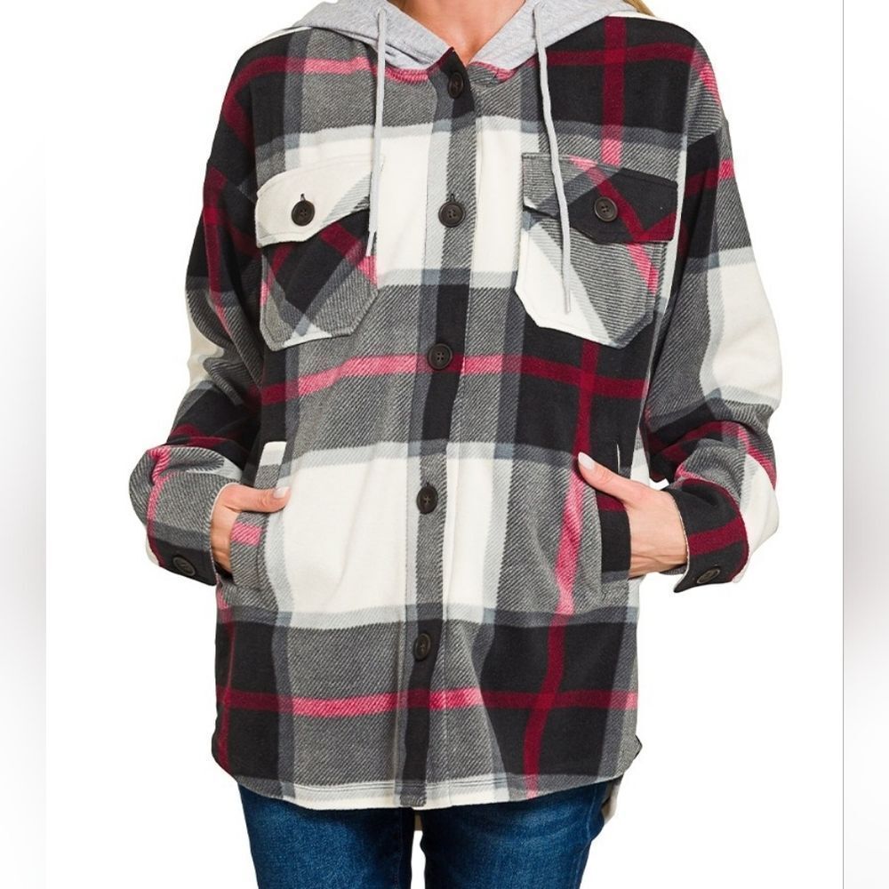 Zenana Plaid Drawstring Hooded Fleece Shacket | Cozy Button-Up Shirt Jacket | Tr - Picture 2 of 3